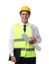 Photo of Portrait of engineer in hard hat and reflective vest with drafts on white background