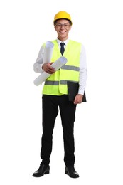 Photo of Young engineer in hard hat and reflective vest with drafts on white background