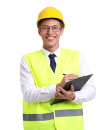Photo of Portrait of engineer in hard hat and reflective vest with clipboard on white background