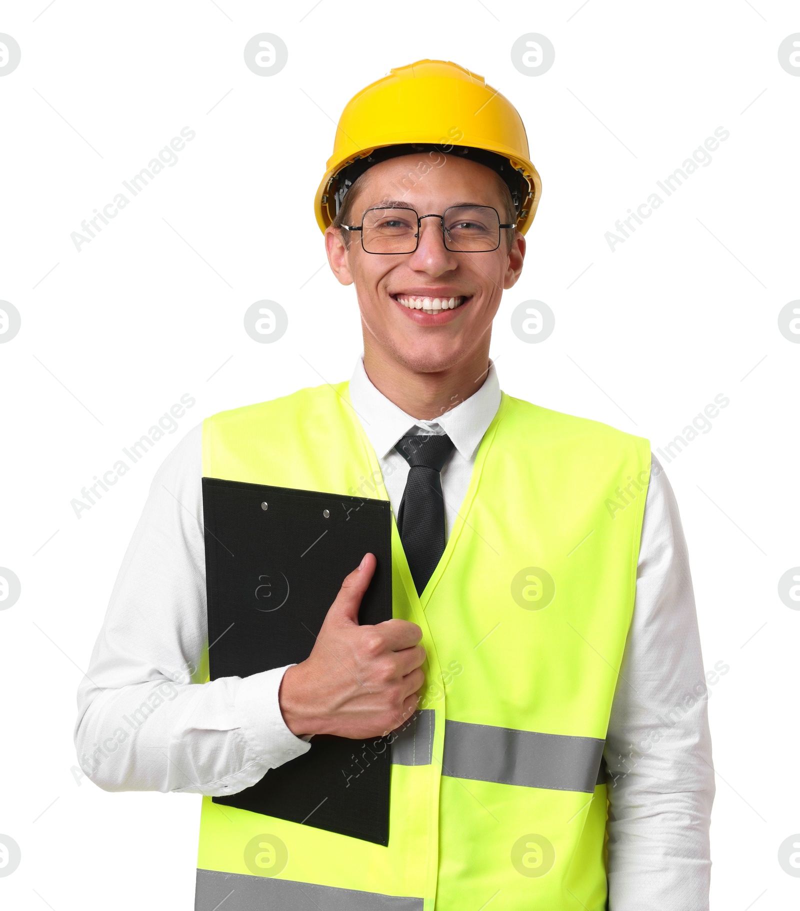Photo of Portrait of engineer in hard hat and reflective vest with clipboard on white background