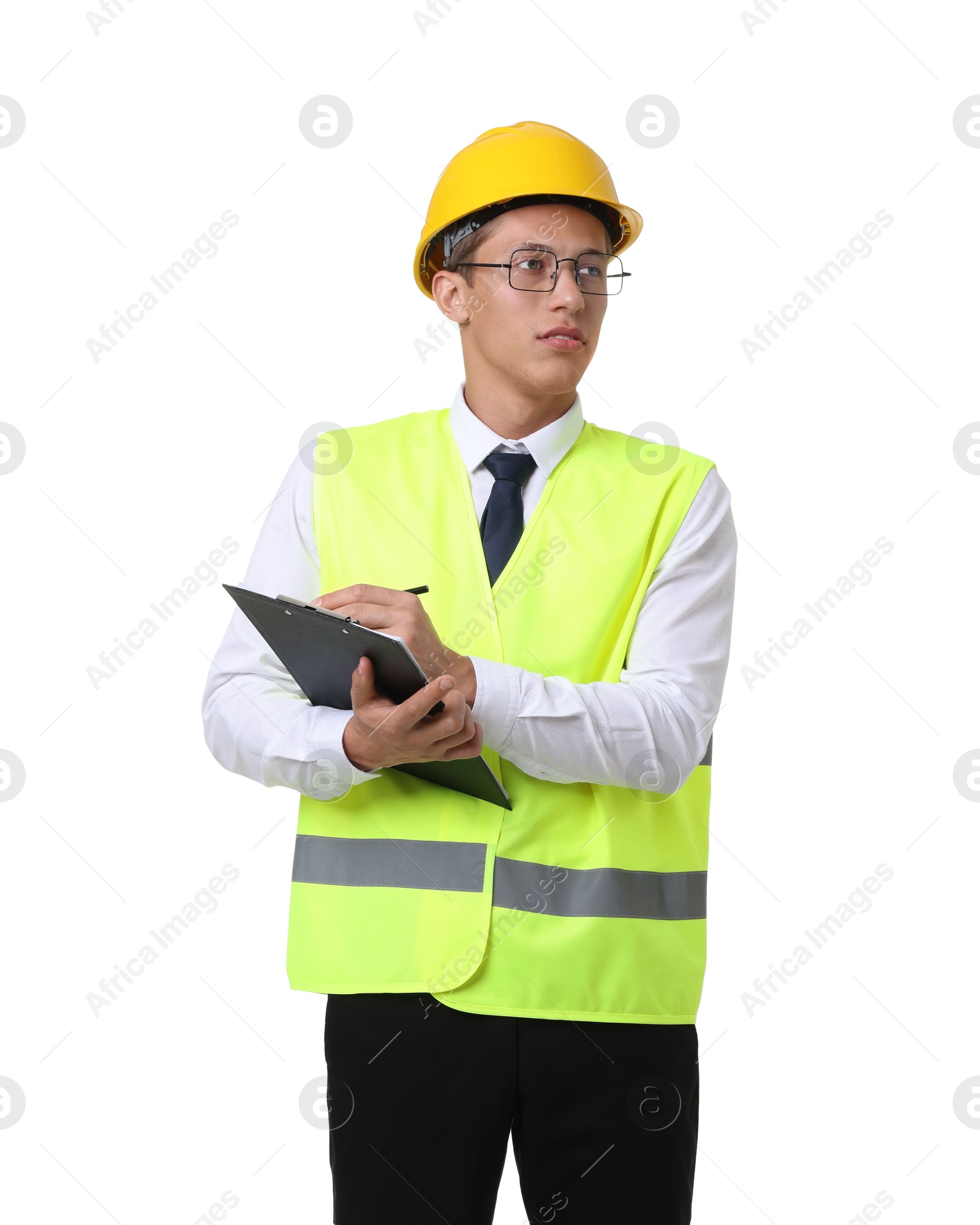 Photo of Portrait of engineer in hard hat and reflective vest with clipboard on white background