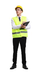 Photo of Young engineer in hard hat and reflective vest with clipboard on white background