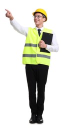 Photo of Young engineer in hard hat and reflective vest with clipboard on white background