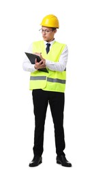 Photo of Young engineer in hard hat and reflective vest with clipboard on white background