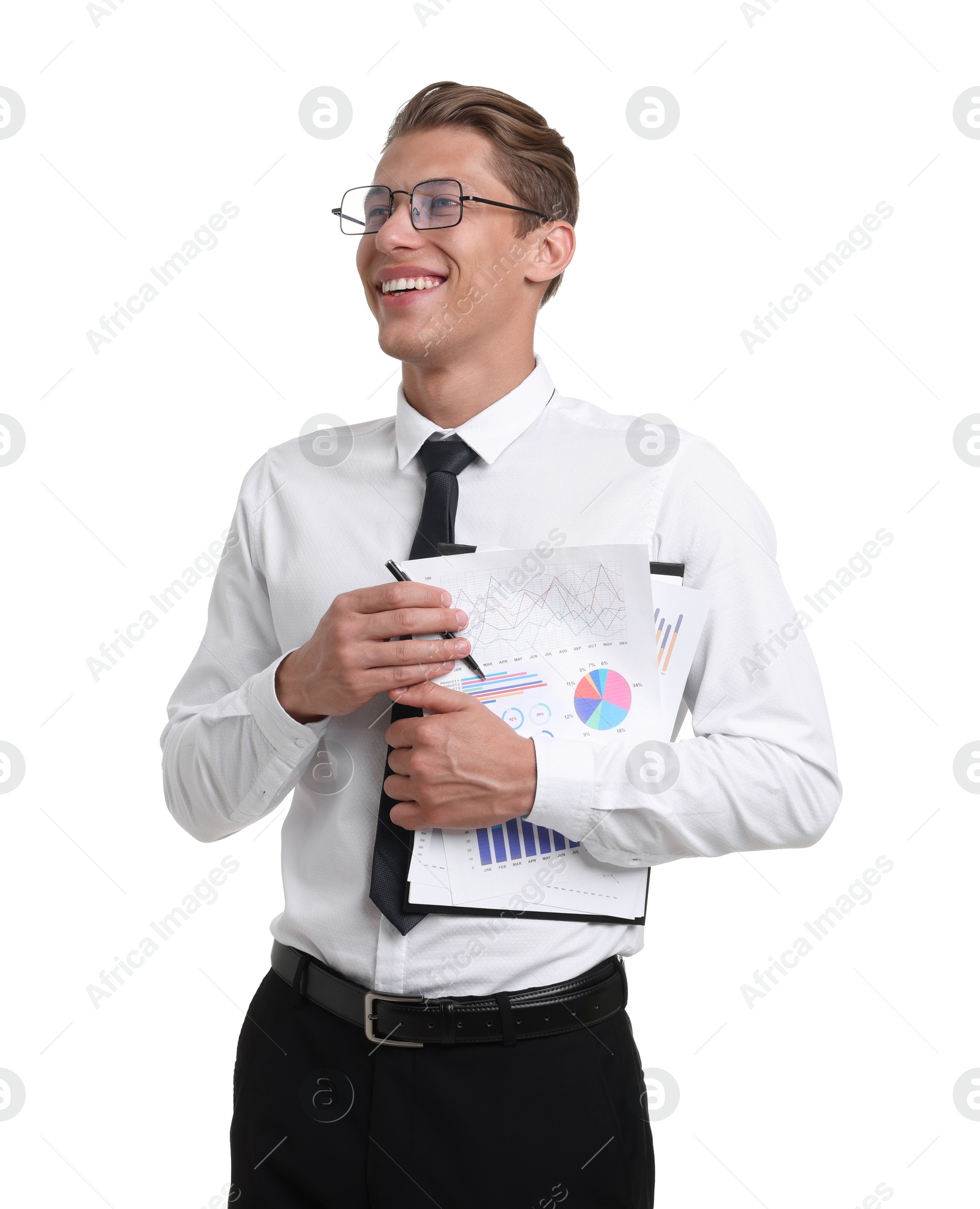 Photo of Portrait of happy businessman with clipboard on white background