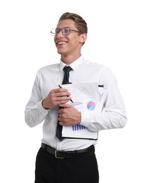 Photo of Portrait of happy businessman with clipboard on white background