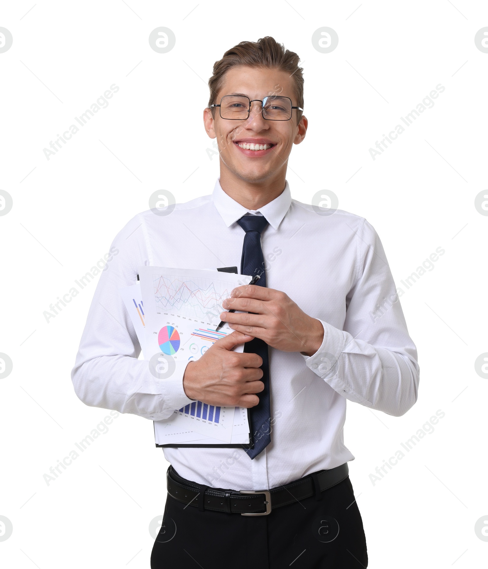 Photo of Portrait of happy businessman with clipboard on white background
