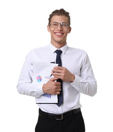Photo of Portrait of happy businessman with clipboard on white background