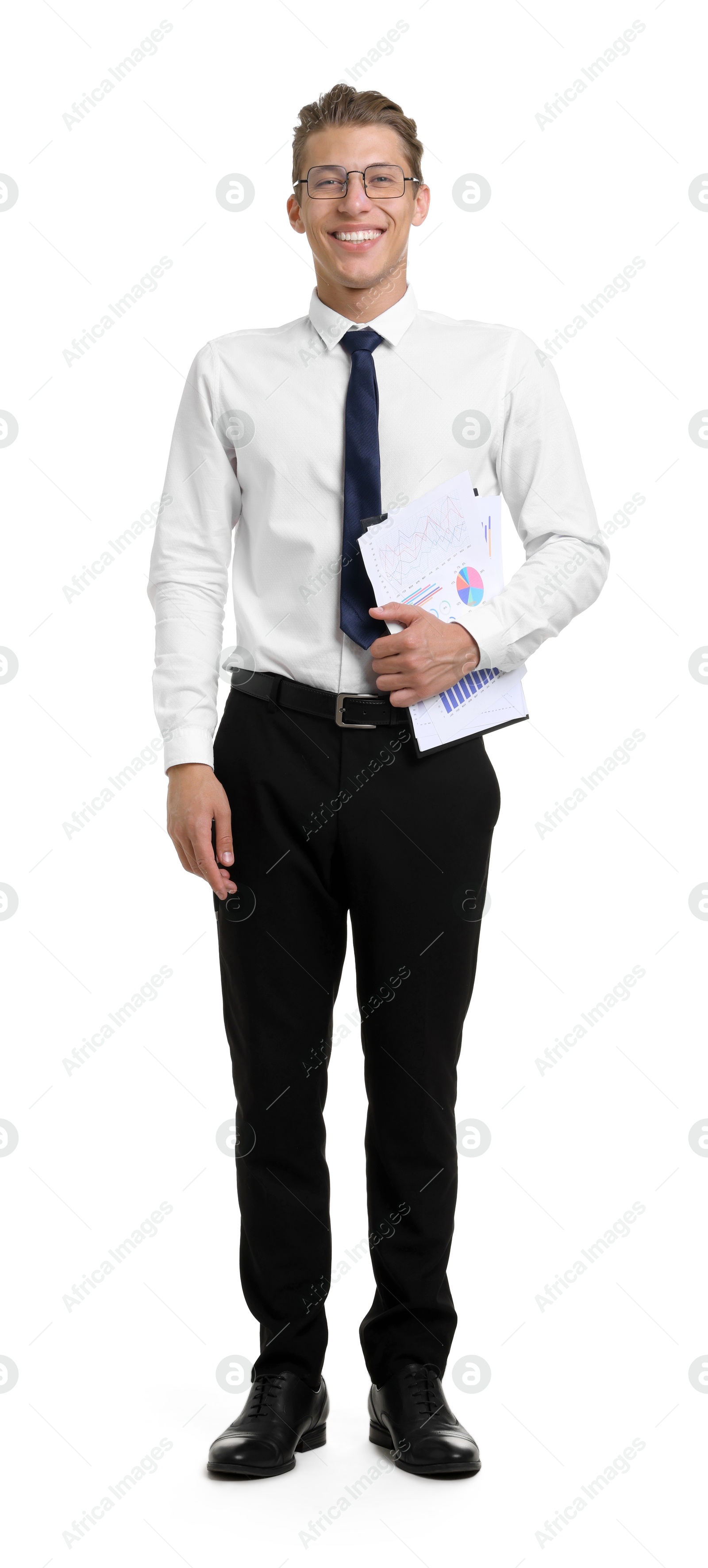 Photo of Happy businessman with clipboard on white background