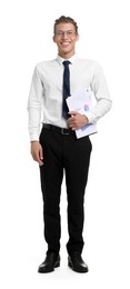Photo of Happy businessman with clipboard on white background
