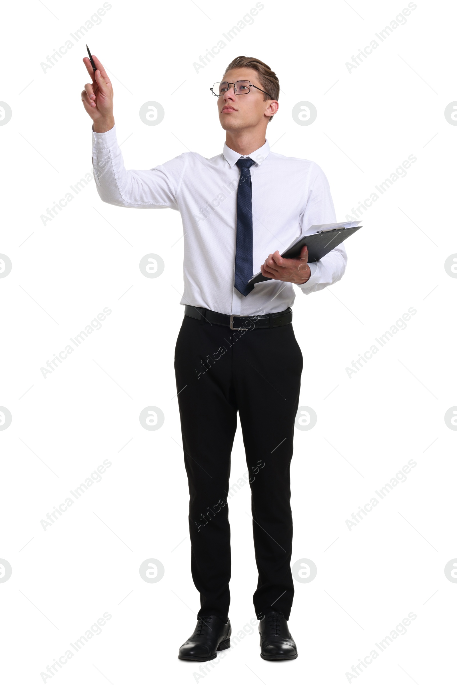Photo of Young businessman with clipboard on white background