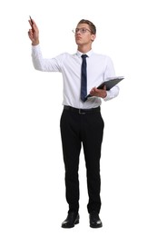 Photo of Young businessman with clipboard on white background