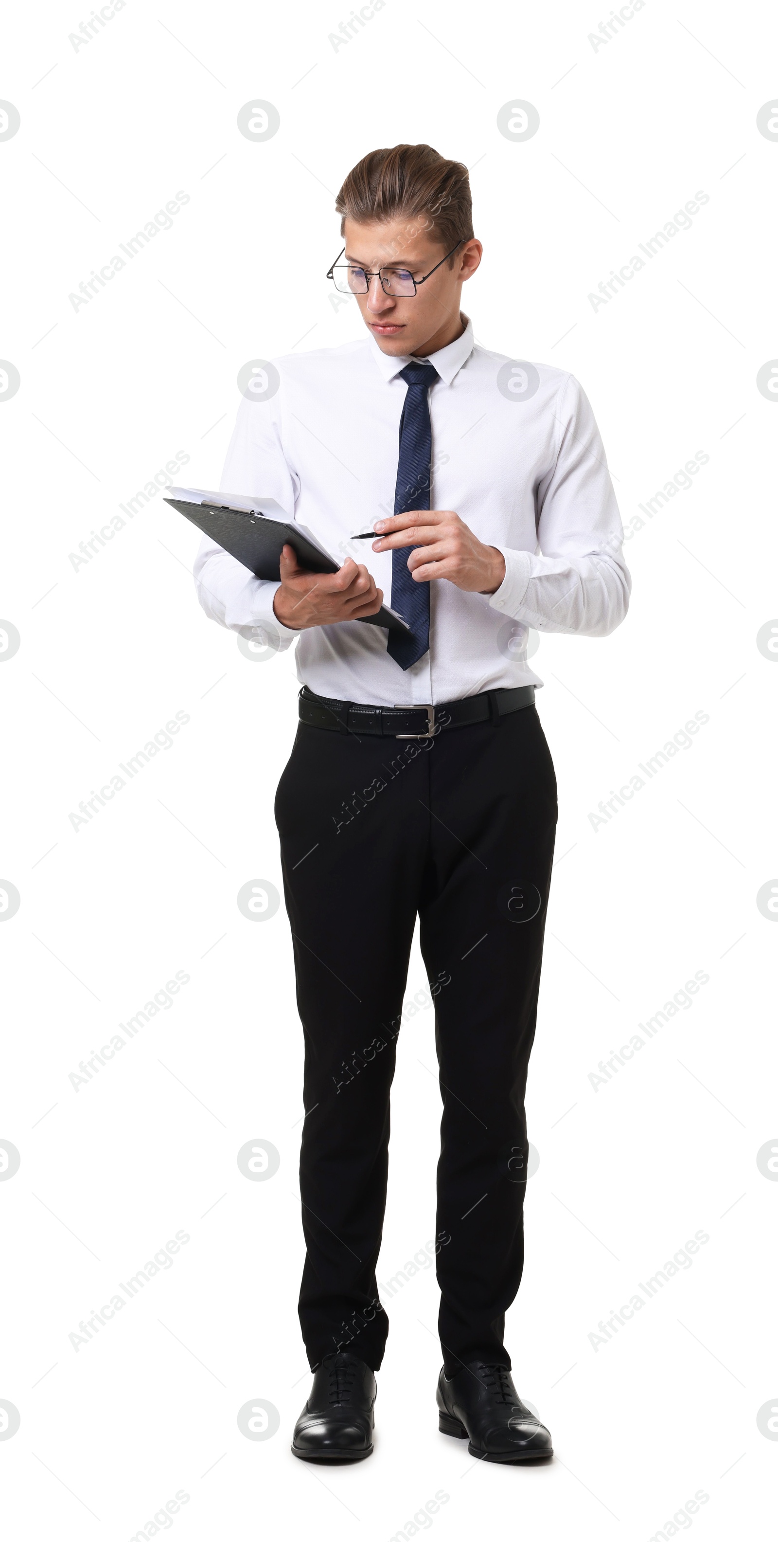 Photo of Young businessman with clipboard on white background