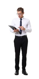 Photo of Young businessman with clipboard on white background