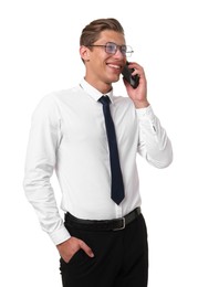 Photo of Portrait of happy businessman talking on phone on white background