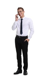 Photo of Happy businessman talking on phone on white background