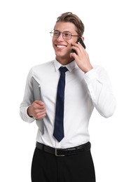 Photo of Portrait of happy businessman with laptop talking on phone on white background