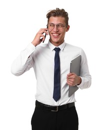 Photo of Portrait of happy businessman with laptop talking on phone on white background