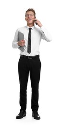 Photo of Happy businessman with laptop talking on phone on white background