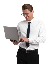 Photo of Portrait of happy businessman with laptop on white background