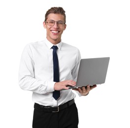 Photo of Portrait of happy businessman with laptop on white background