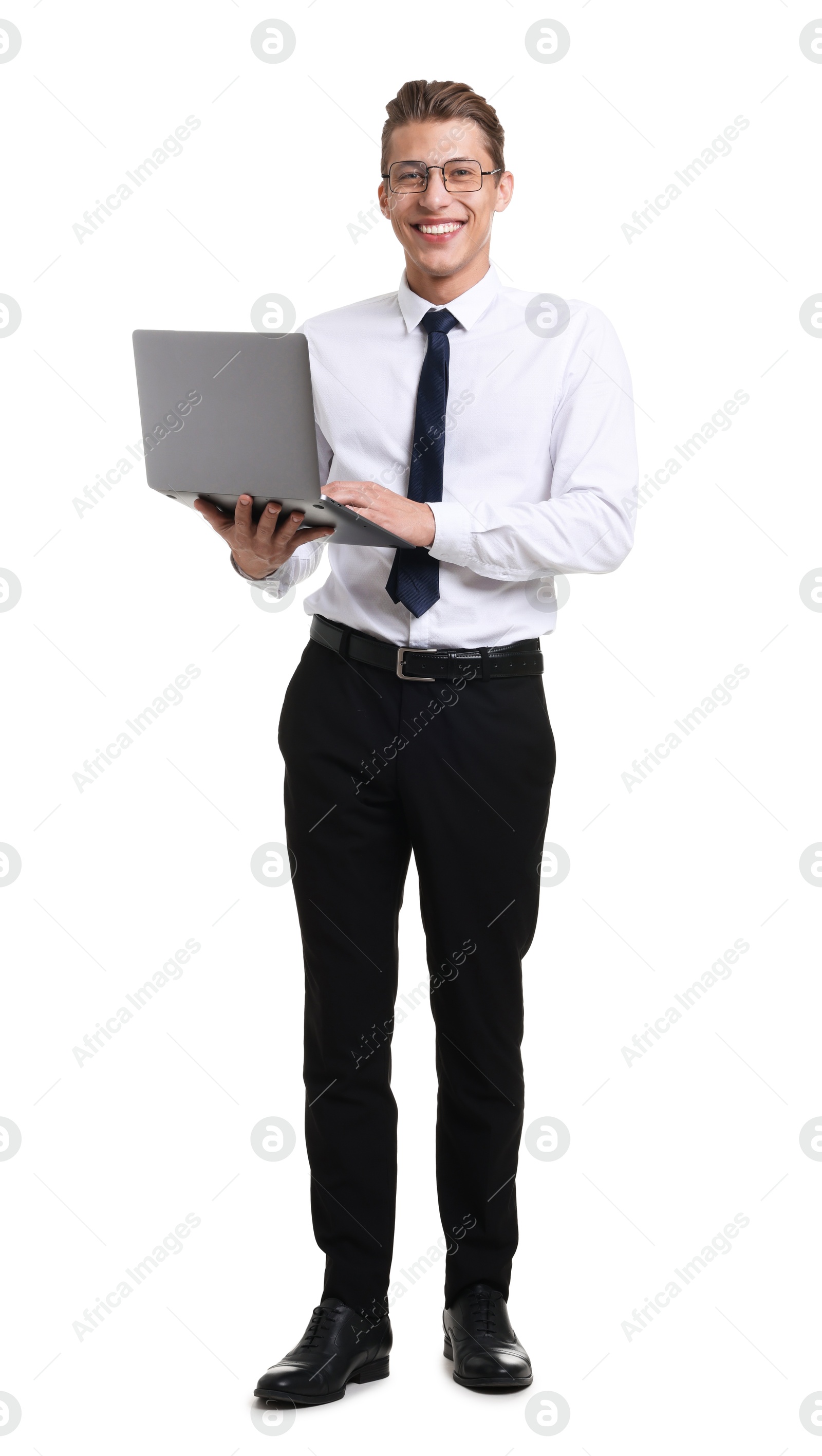 Happy businessman with laptop on white background Photo of Happy businessman with laptop on white background