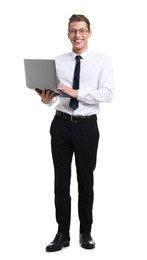 Photo of Happy businessman with laptop on white background