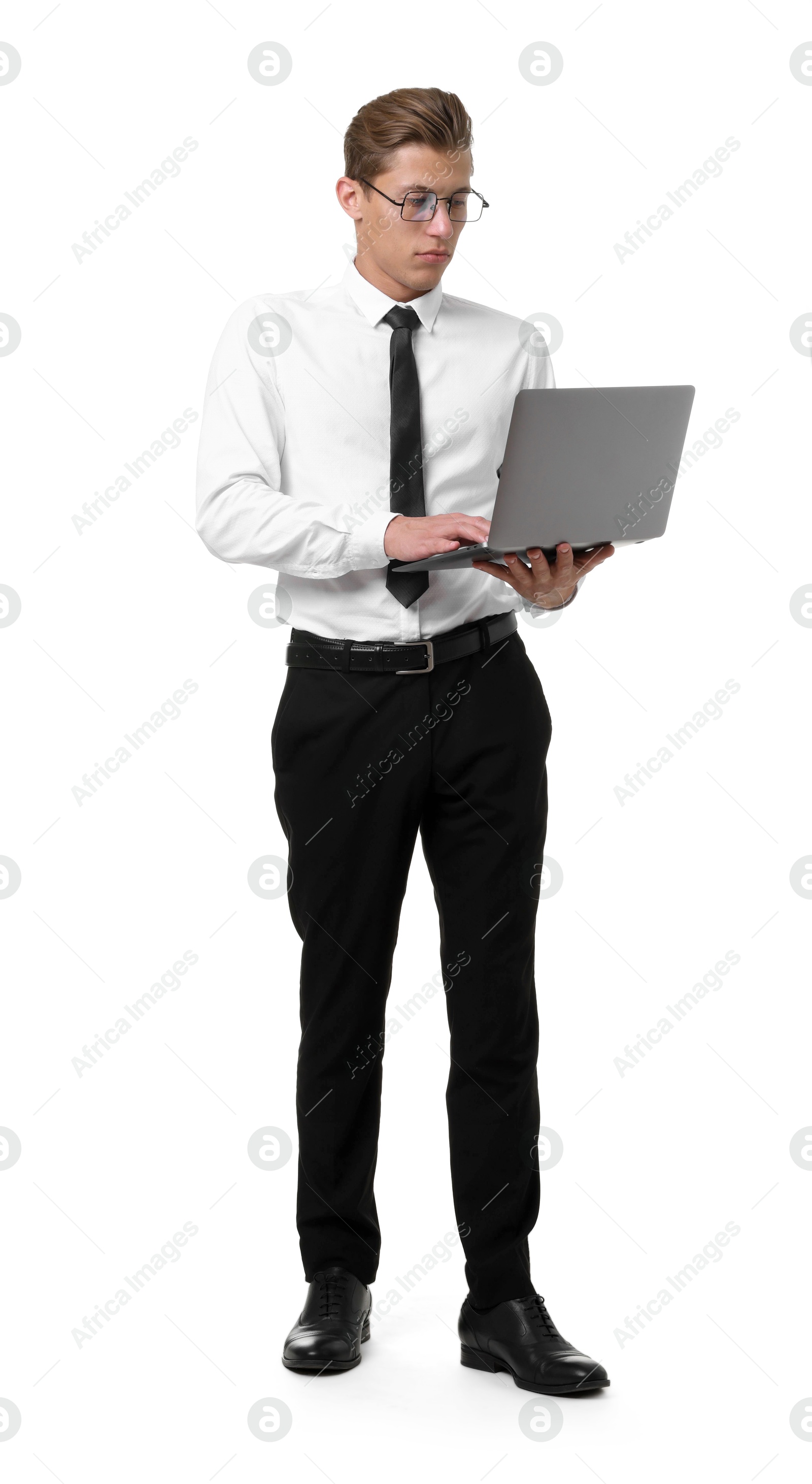 Photo of Young businessman with laptop on white background