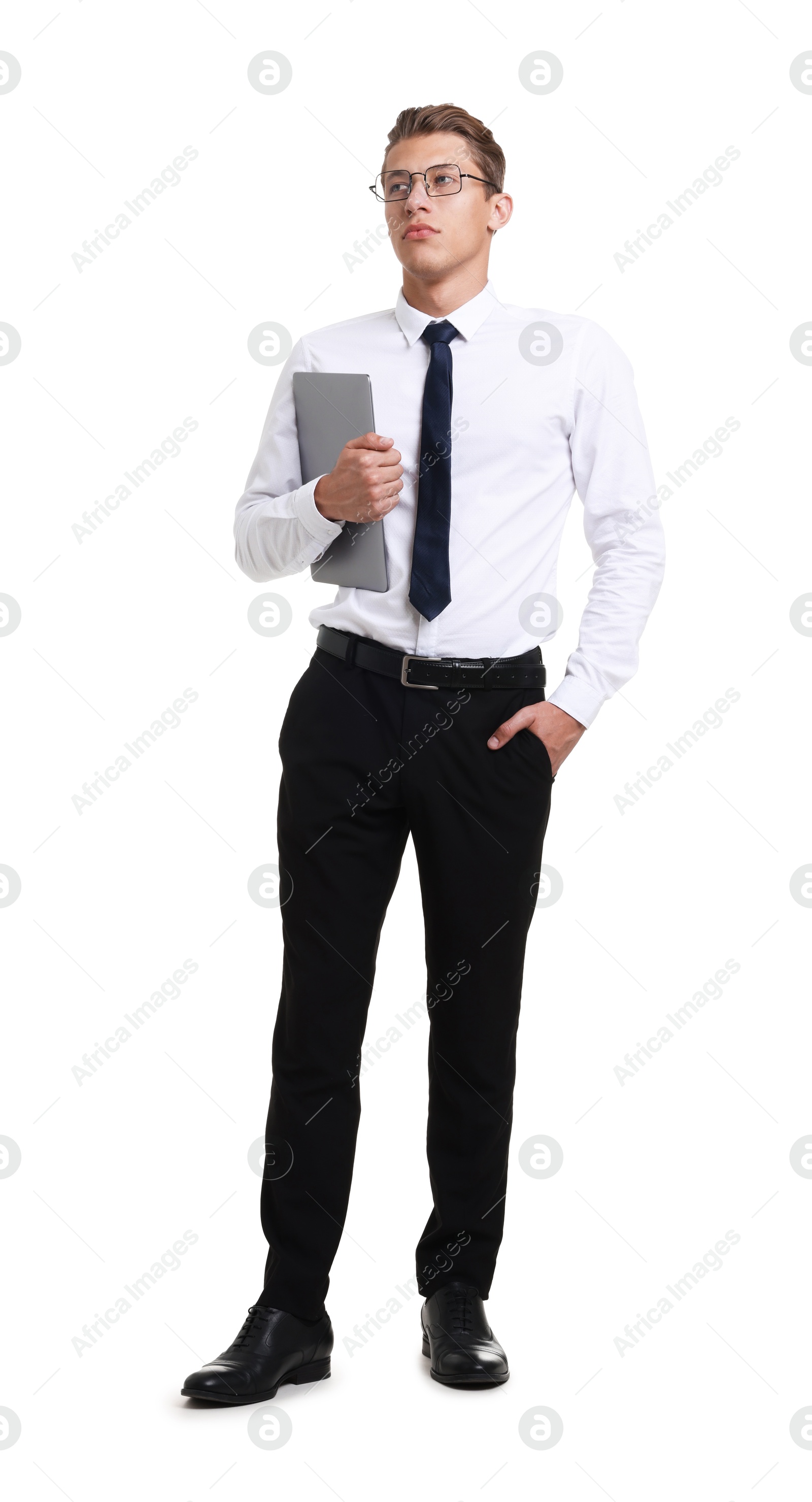 Photo of Young businessman with laptop on white background