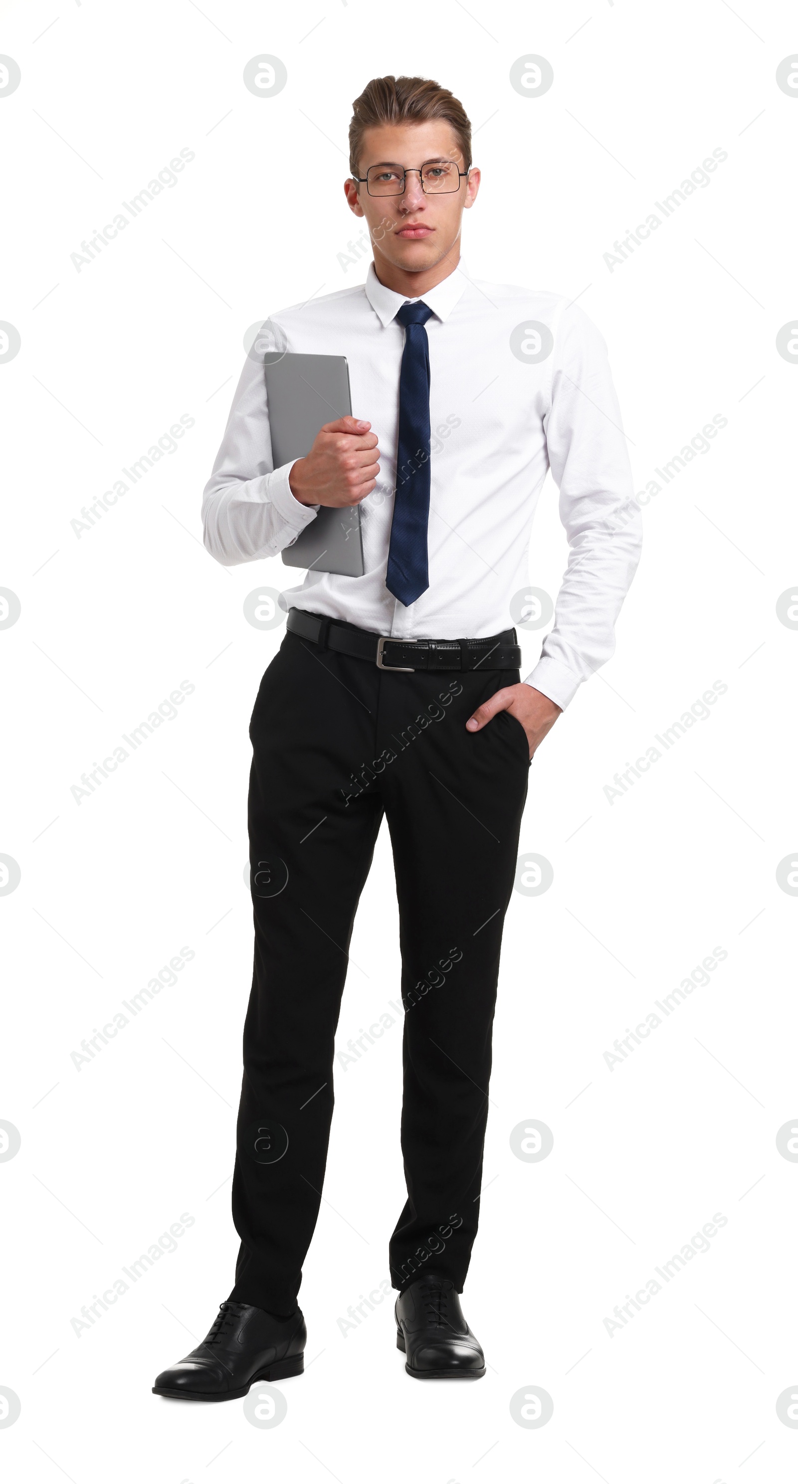 Young businessman with laptop on white background Photo of Young businessman with laptop on white background