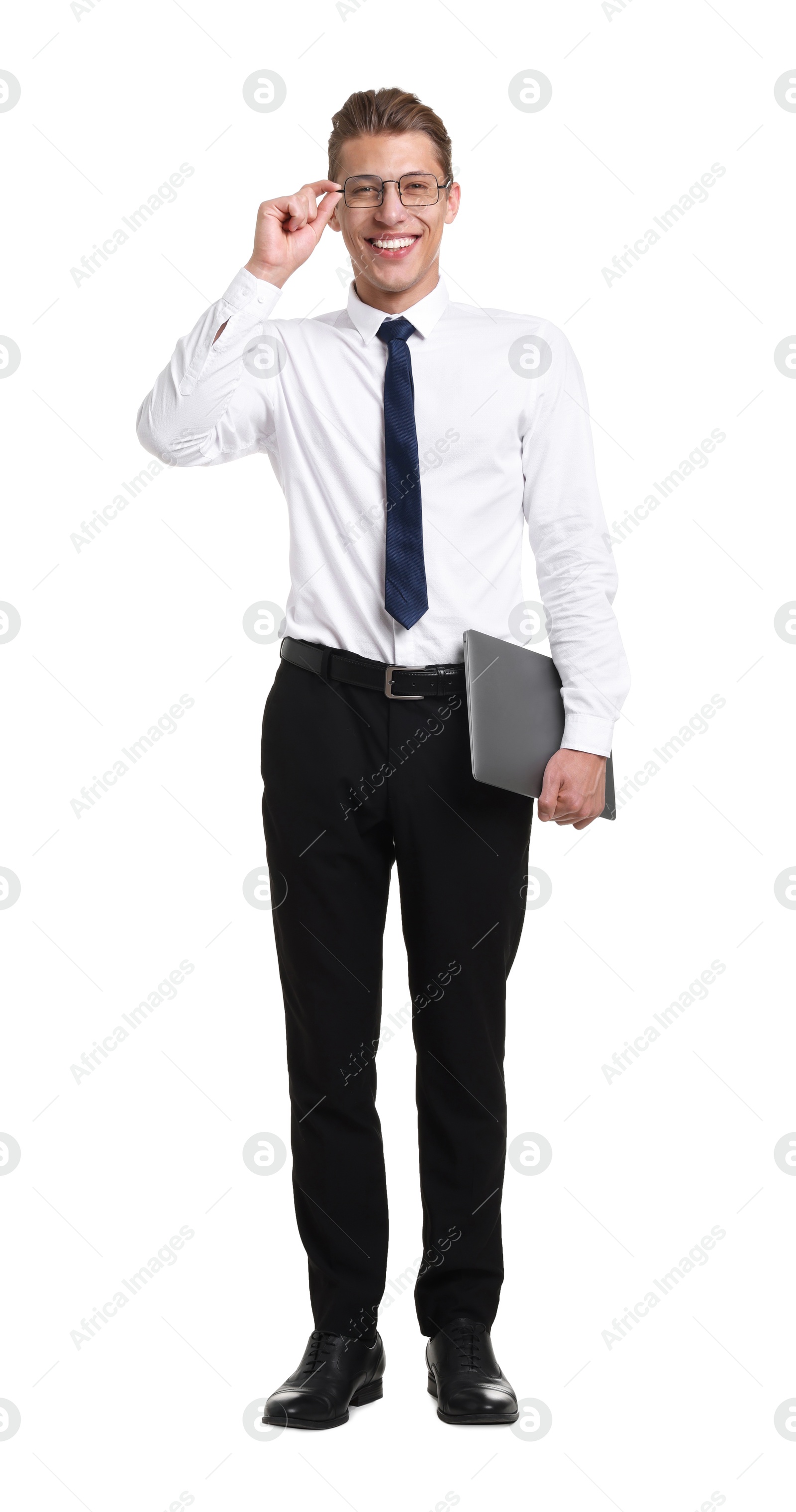 Happy businessman with laptop on white background Photo of Happy businessman with laptop on white background