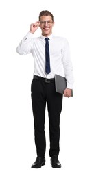 Photo of Happy businessman with laptop on white background