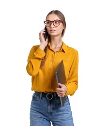 Photo of Portrait of young woman with laptop talking on phone on white background