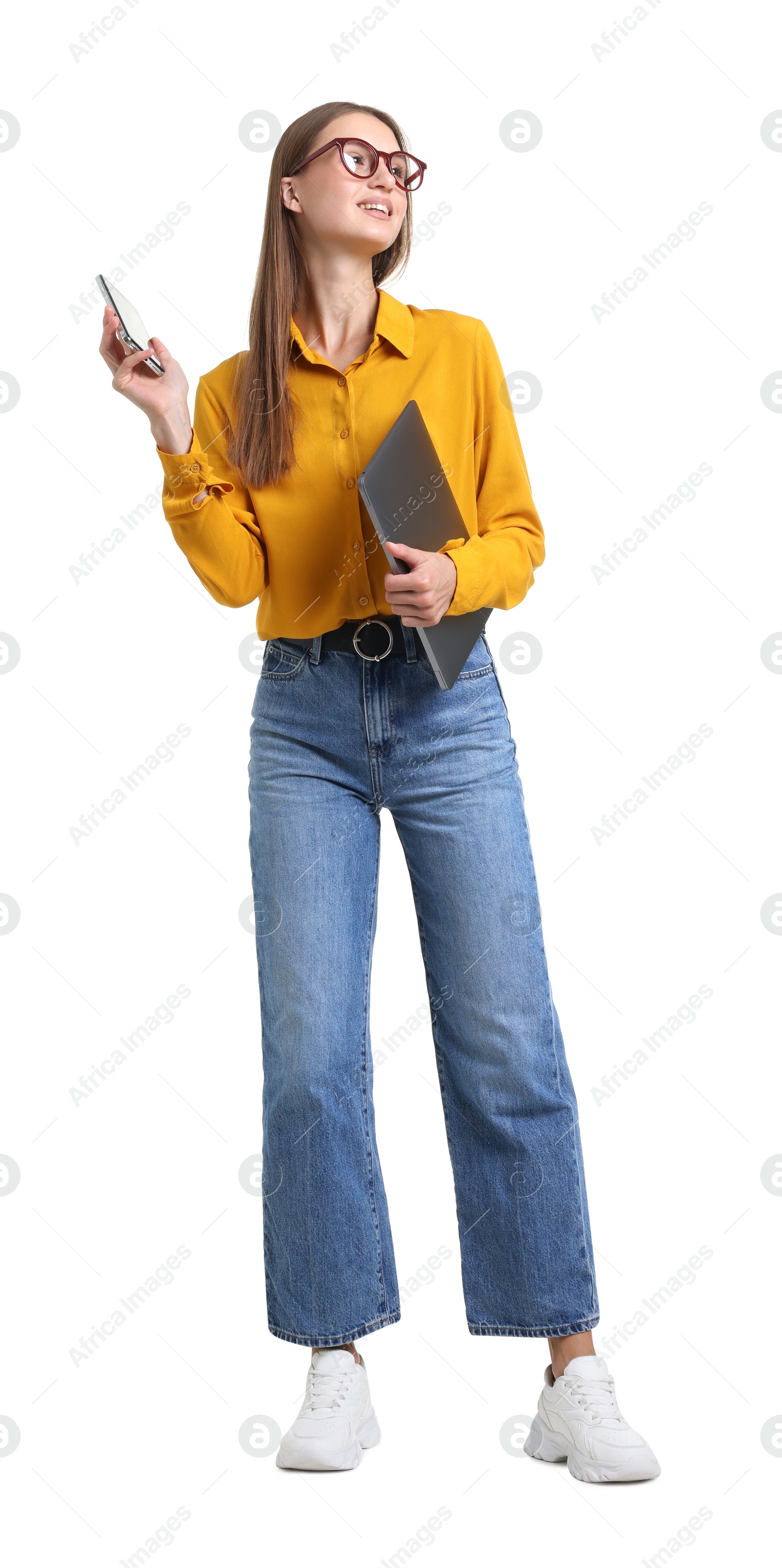 Photo of Young woman with laptop and phone on white background