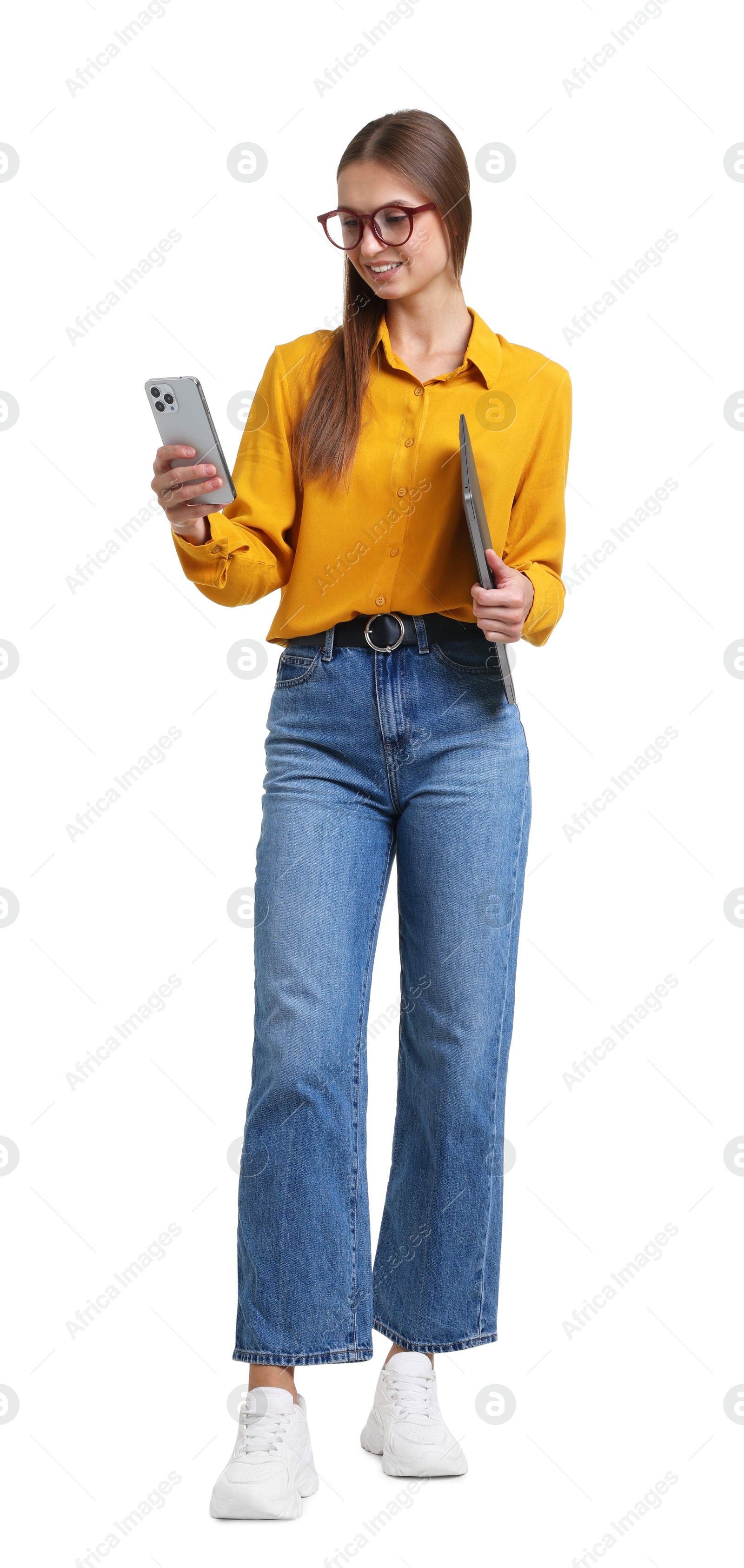 Photo of Young woman with laptop and phone on white background