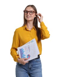 Photo of Portrait of young woman with documents on white background