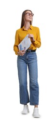 Photo of Young woman with documents on white background
