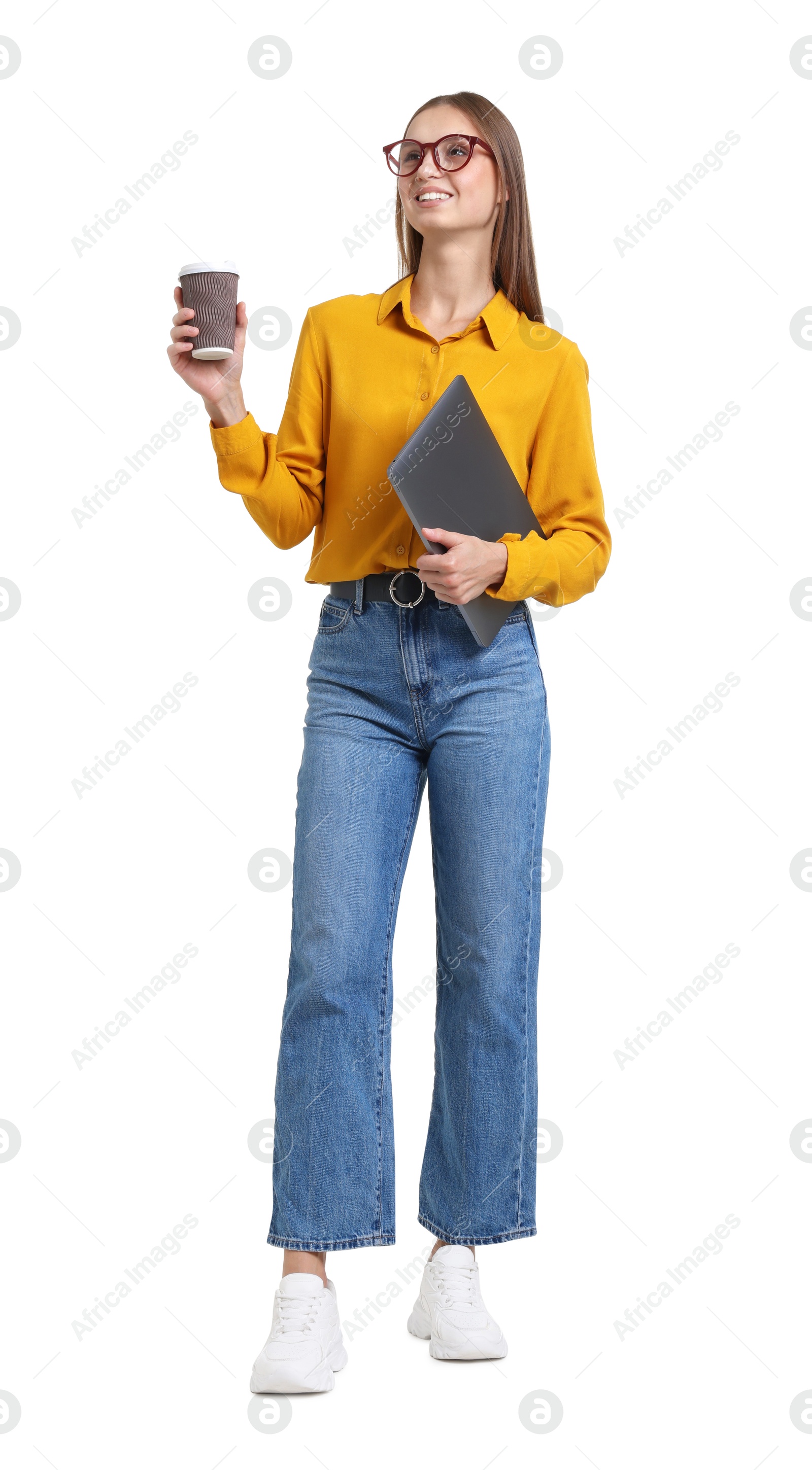 Young woman with laptop and cup of drink on white background Photo of Young woman with laptop and cup of drink on white background