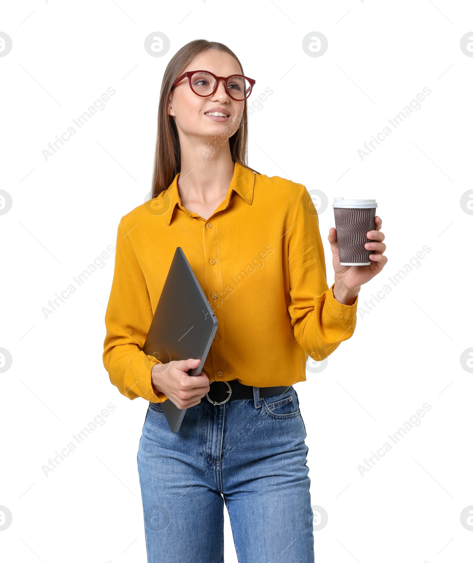 Photo of Portrait of young woman with laptop and cup of drink on white background