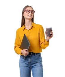 Photo of Portrait of young woman with laptop and cup of drink on white background