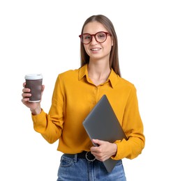 Photo of Portrait of young woman with laptop and cup of drink on white background