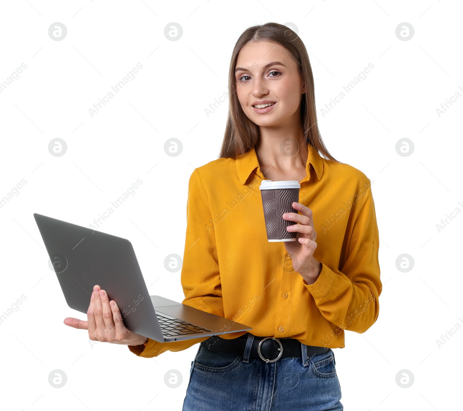 Portrait of young woman with laptop and cup of drink on white background Photo of Portrait of young woman with laptop and cup of drink on white background