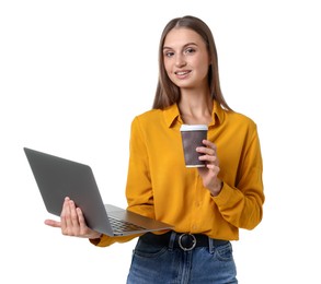 Photo of Portrait of young woman with laptop and cup of drink on white background