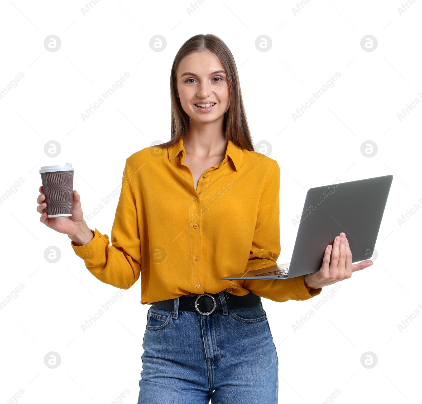 Photo of Portrait of young woman with laptop and cup of drink on white background