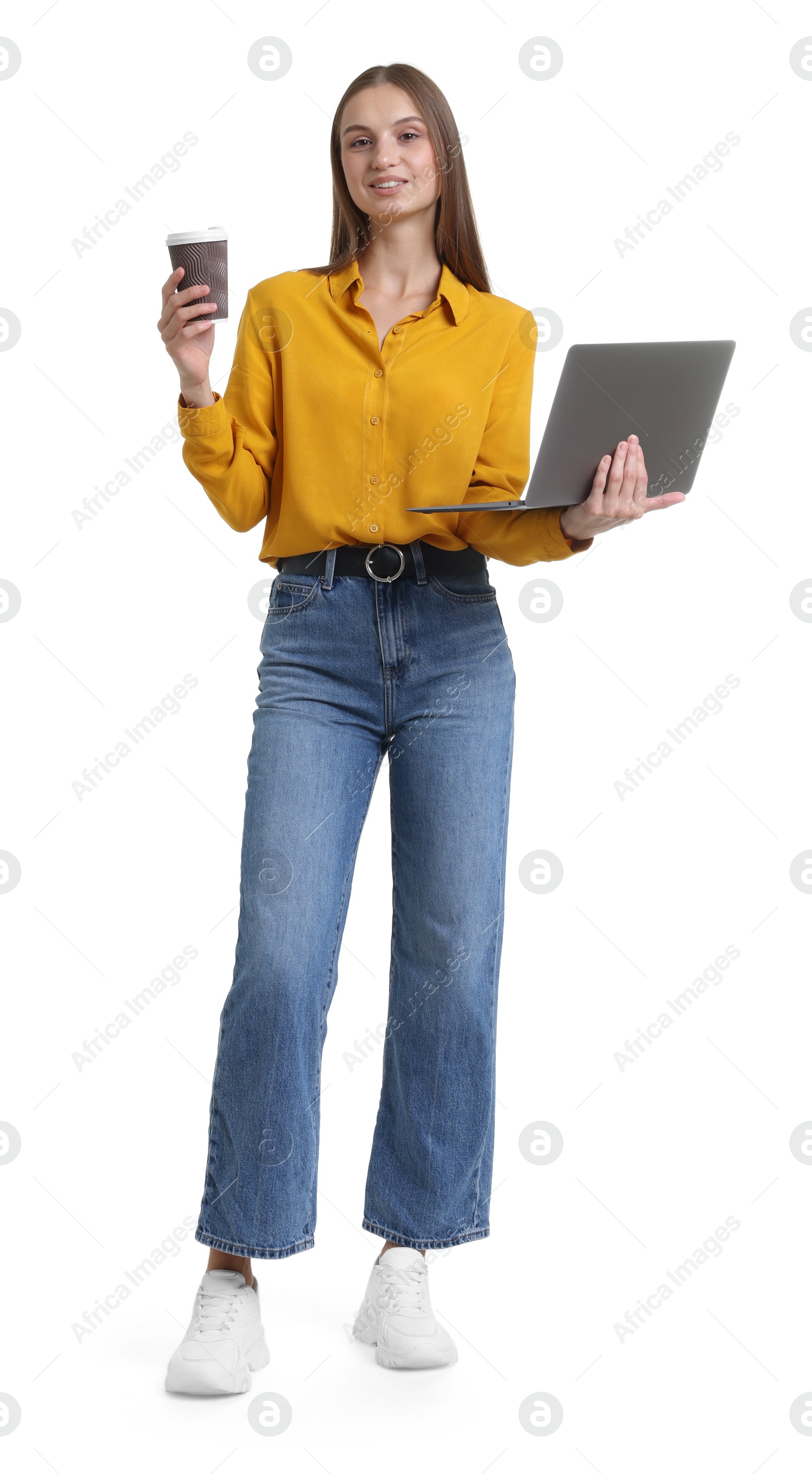 Photo of Young woman with laptop and cup of drink on white background