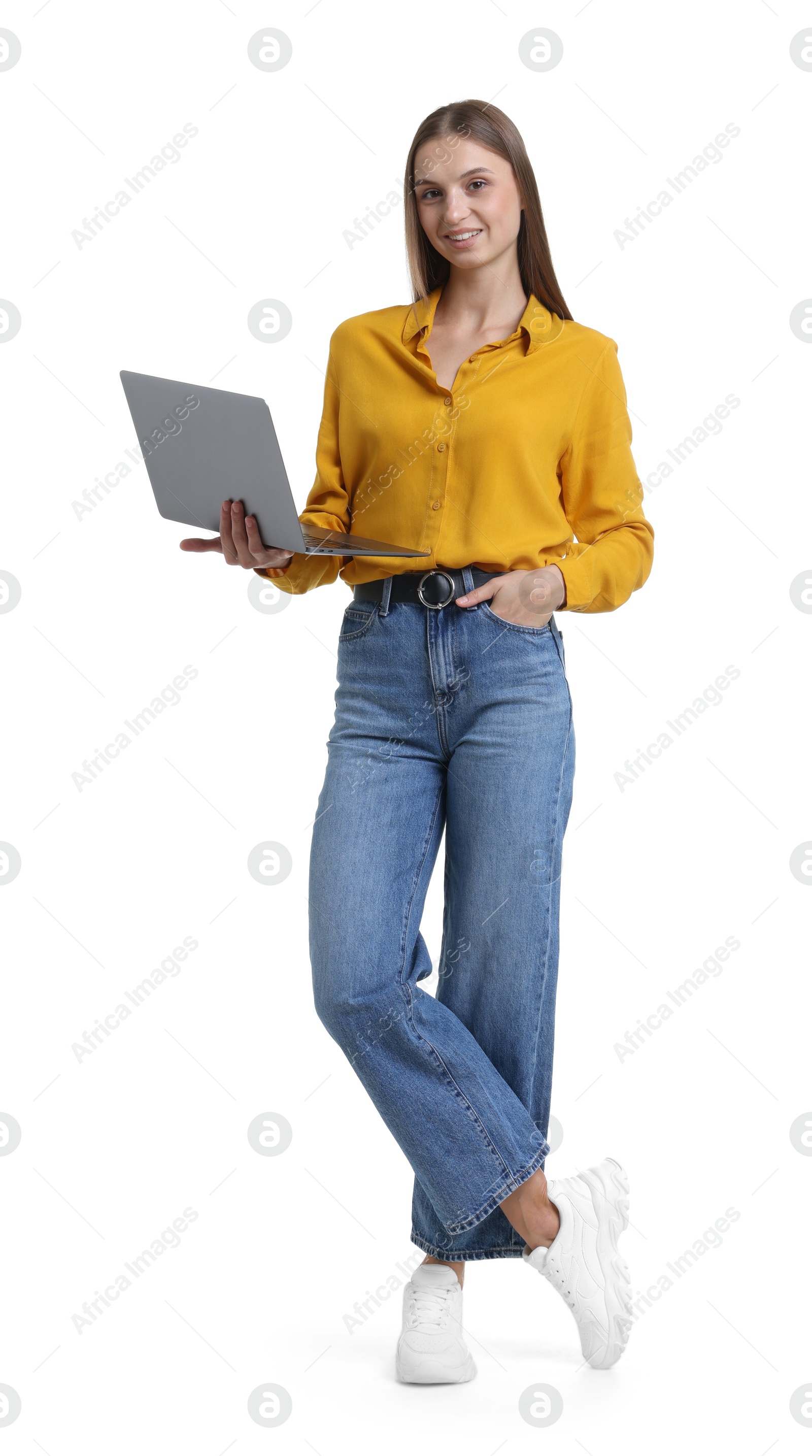 Photo of Young woman with laptop on white background