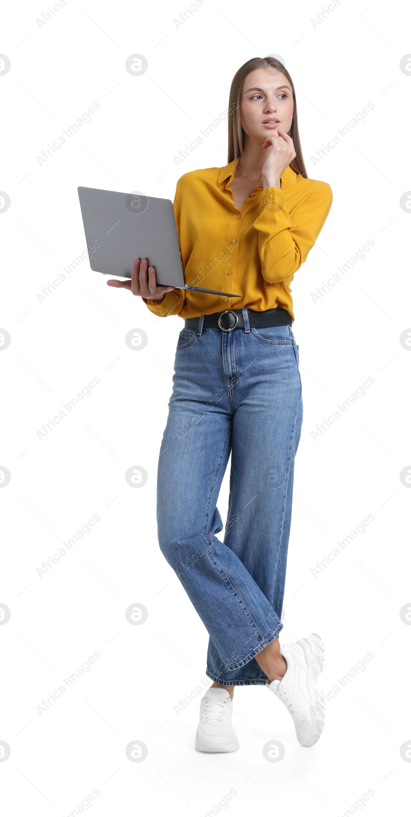 Photo of Young woman with laptop on white background