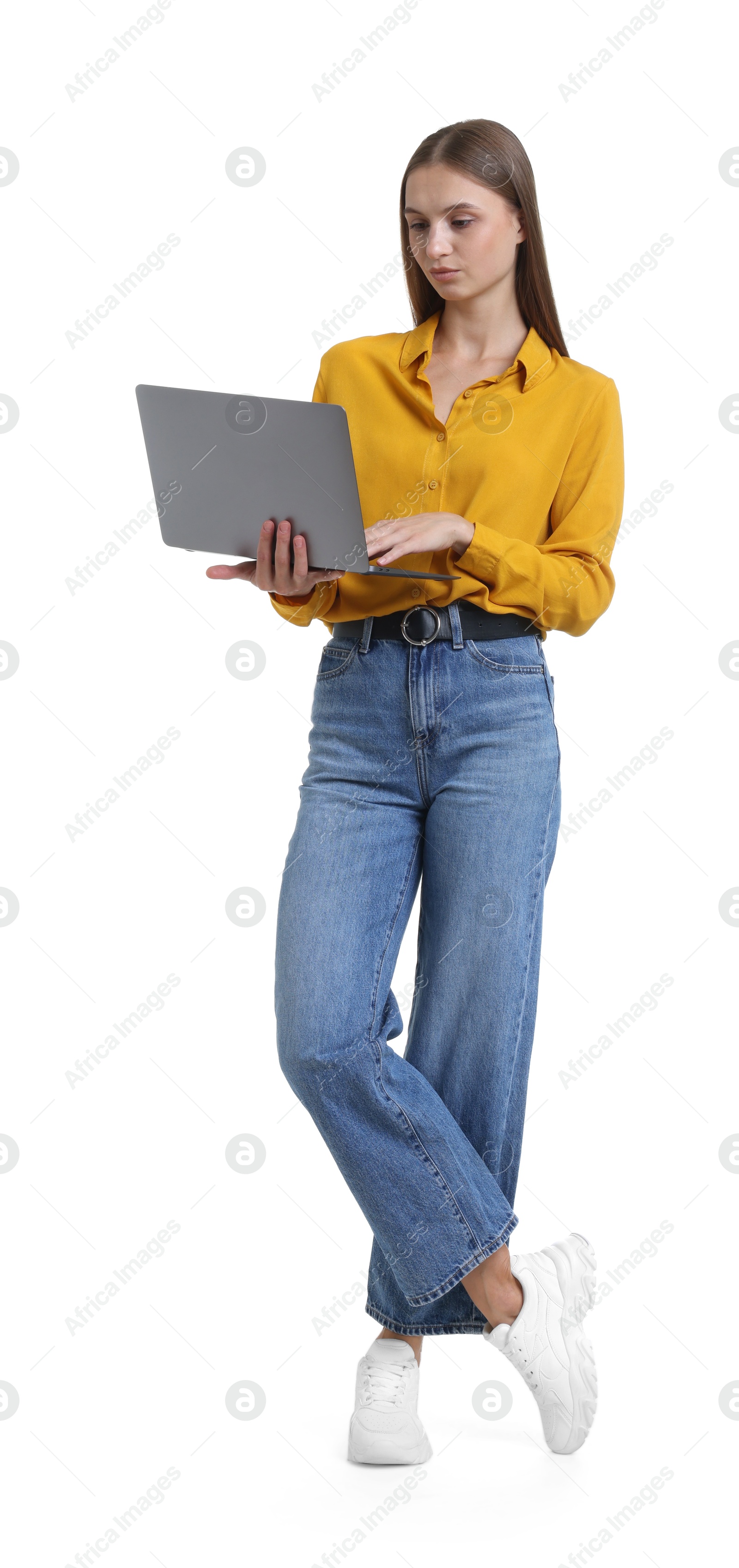 Photo of Young woman with laptop on white background