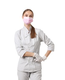Photo of Portrait of nurse in uniform and medical mask on white background