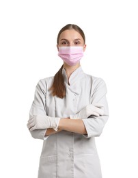 Photo of Portrait of nurse in uniform and medical mask on white background